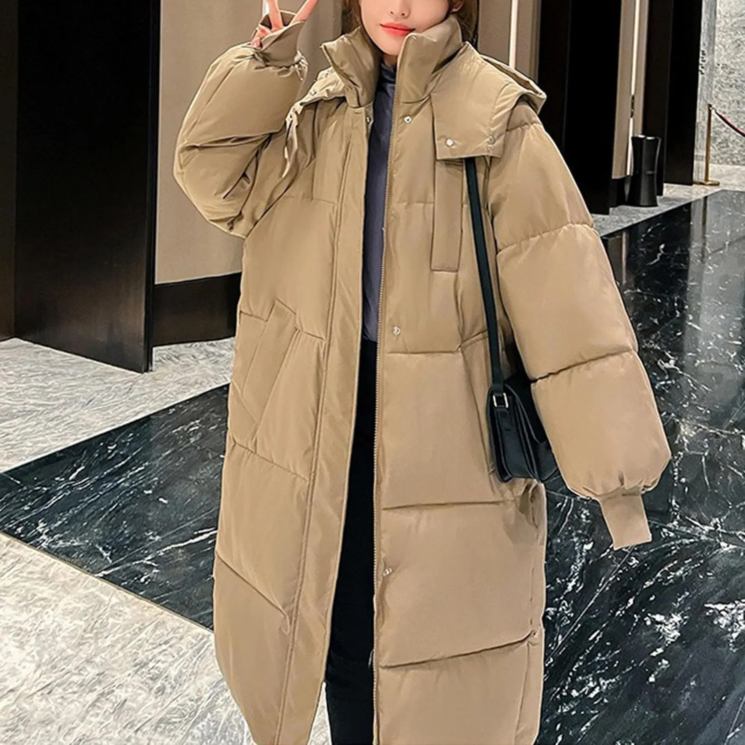 DGHM-JLMY Womens Winter Warm Maxi Puffer Jacket Comfortable Fashion Down Coat Casual Loose Hood Full Zip Parka Coats