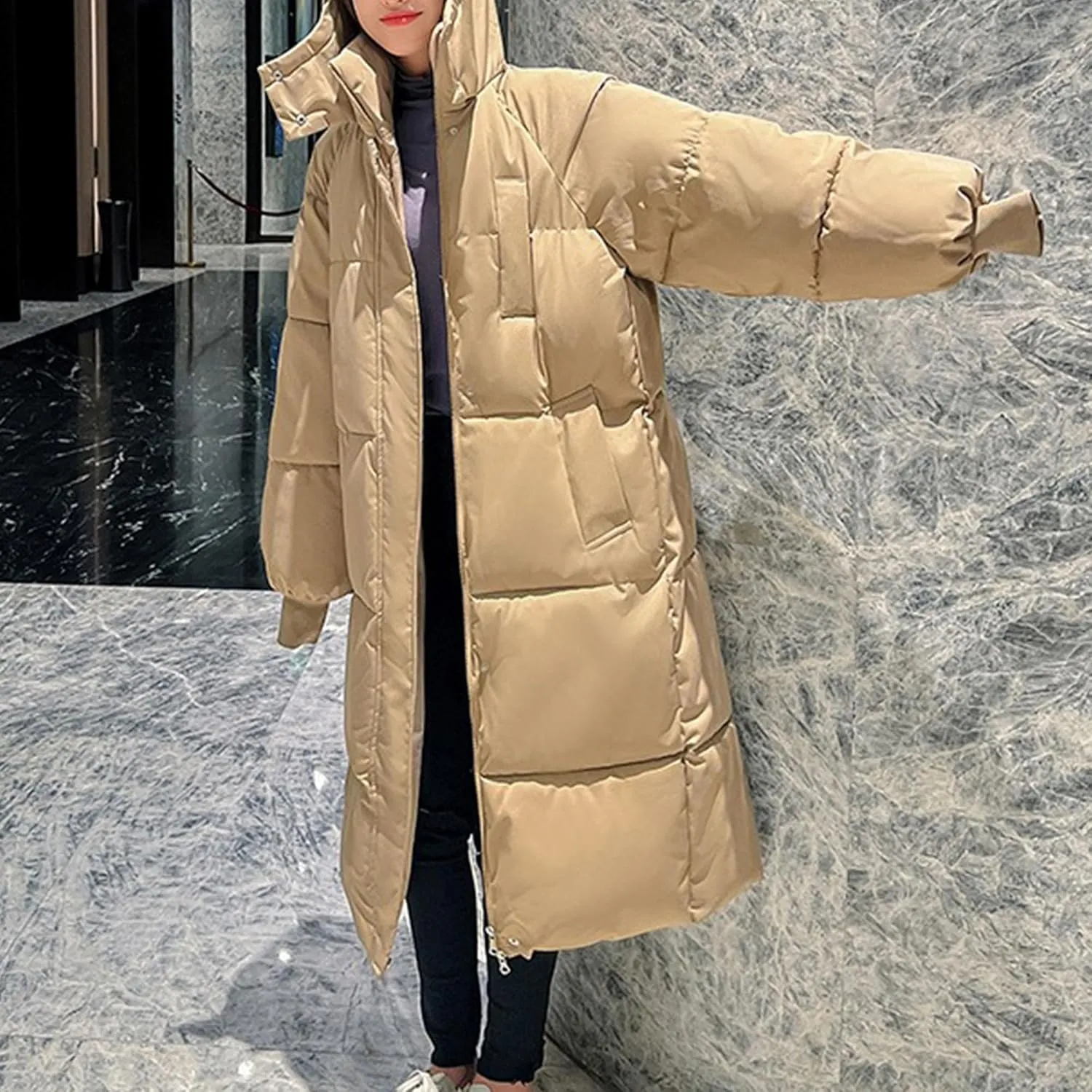 DGHM-JLMY Womens Winter Warm Maxi Puffer Jacket Comfortable Fashion Down Coat Casual Loose Hood Full Zip Parka Coats