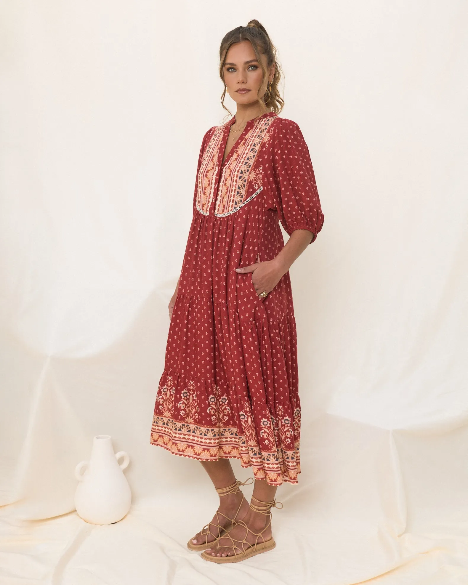 Ember Red Boho Midi Dress