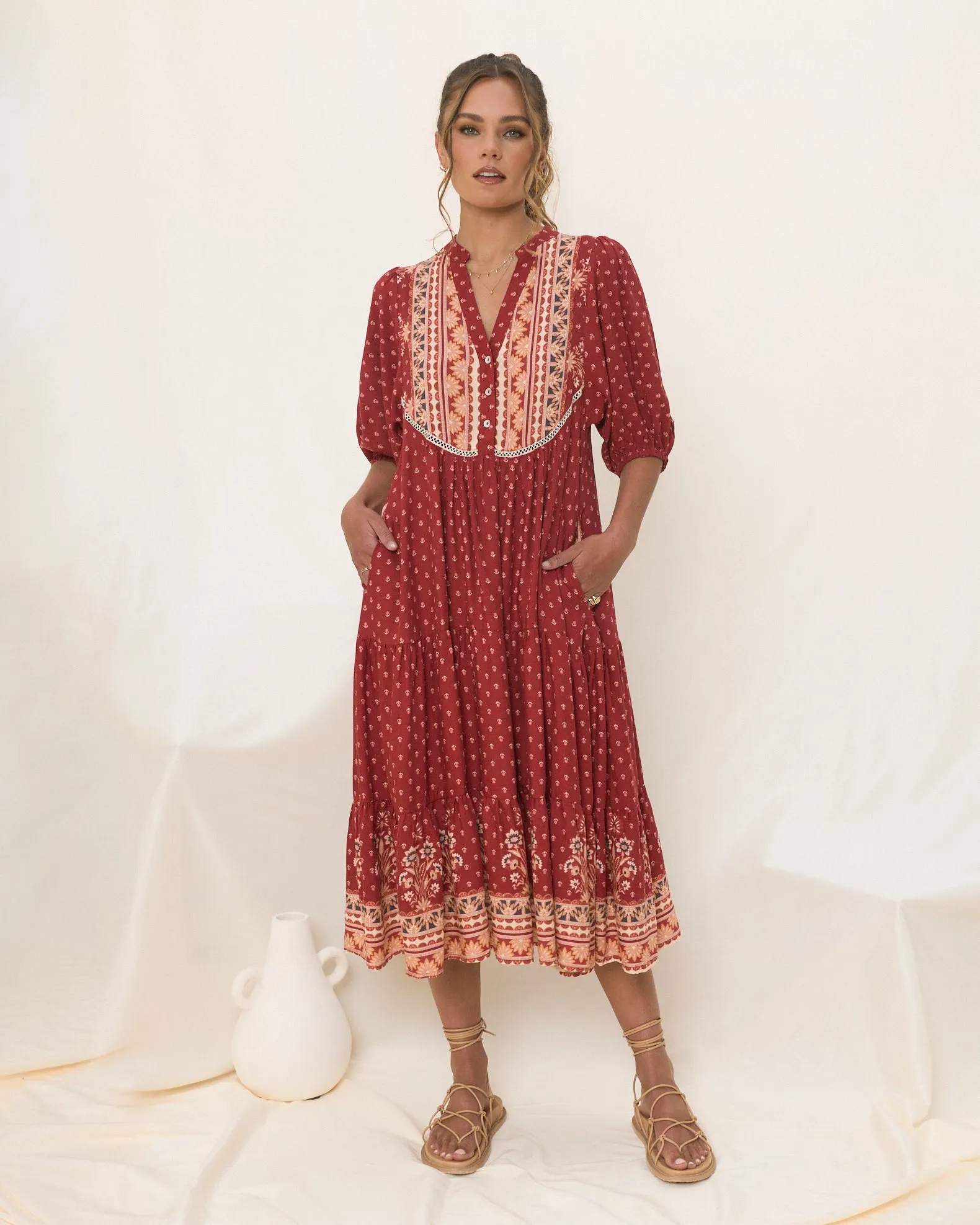 Ember Red Boho Midi Dress