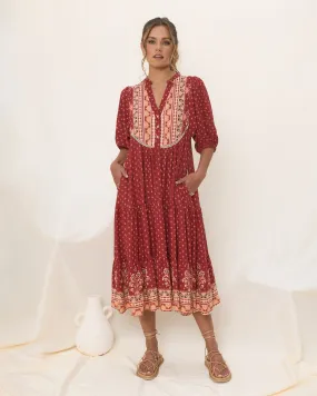 Ember Red Boho Midi Dress