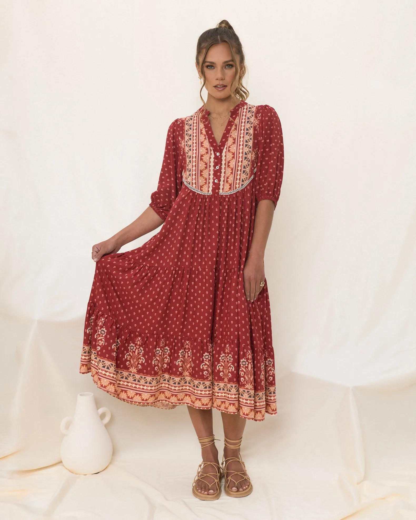 Ember Red Boho Midi Dress