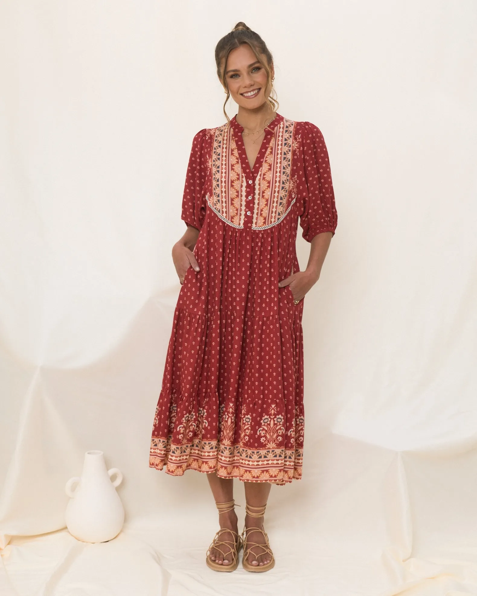 Ember Red Boho Midi Dress