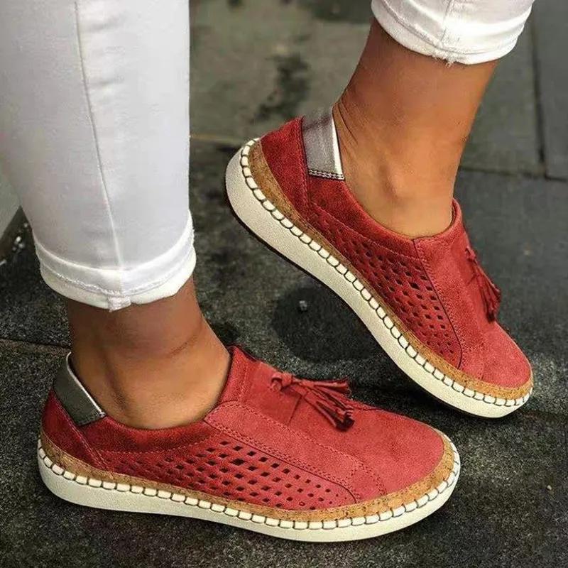 Fringe Tassels Hollow Out Women Sneakers Round Toe Slide Sneakers