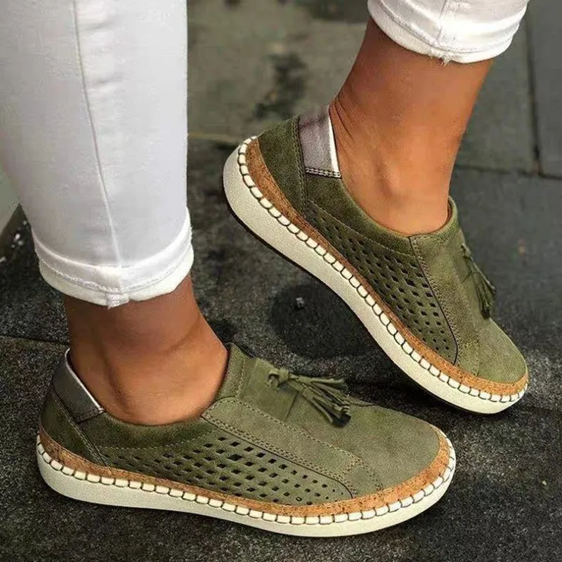 Fringe Tassels Hollow Out Women Sneakers Round Toe Slide Sneakers