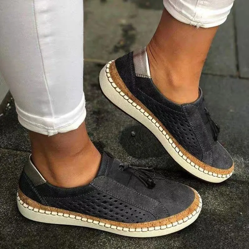 Fringe Tassels Hollow Out Women Sneakers Round Toe Slide Sneakers