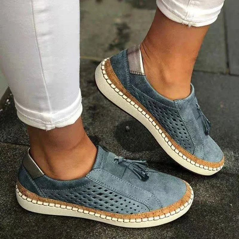 Fringe Tassels Hollow Out Women Sneakers Round Toe Slide Sneakers
