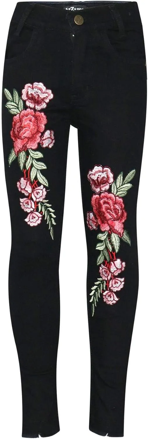 Girls Jeans Stretchy Roses Embroidered Denim Pants - Girls Jeans JN26 Jet Black 13-14