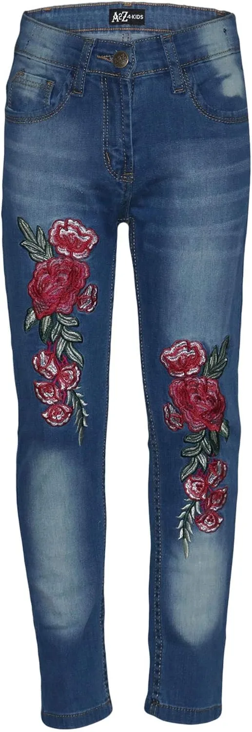 Girls Jeans Stretchy Roses Embroidered Denim Pants - Girls Jeans JN26 Mid Blue 13
