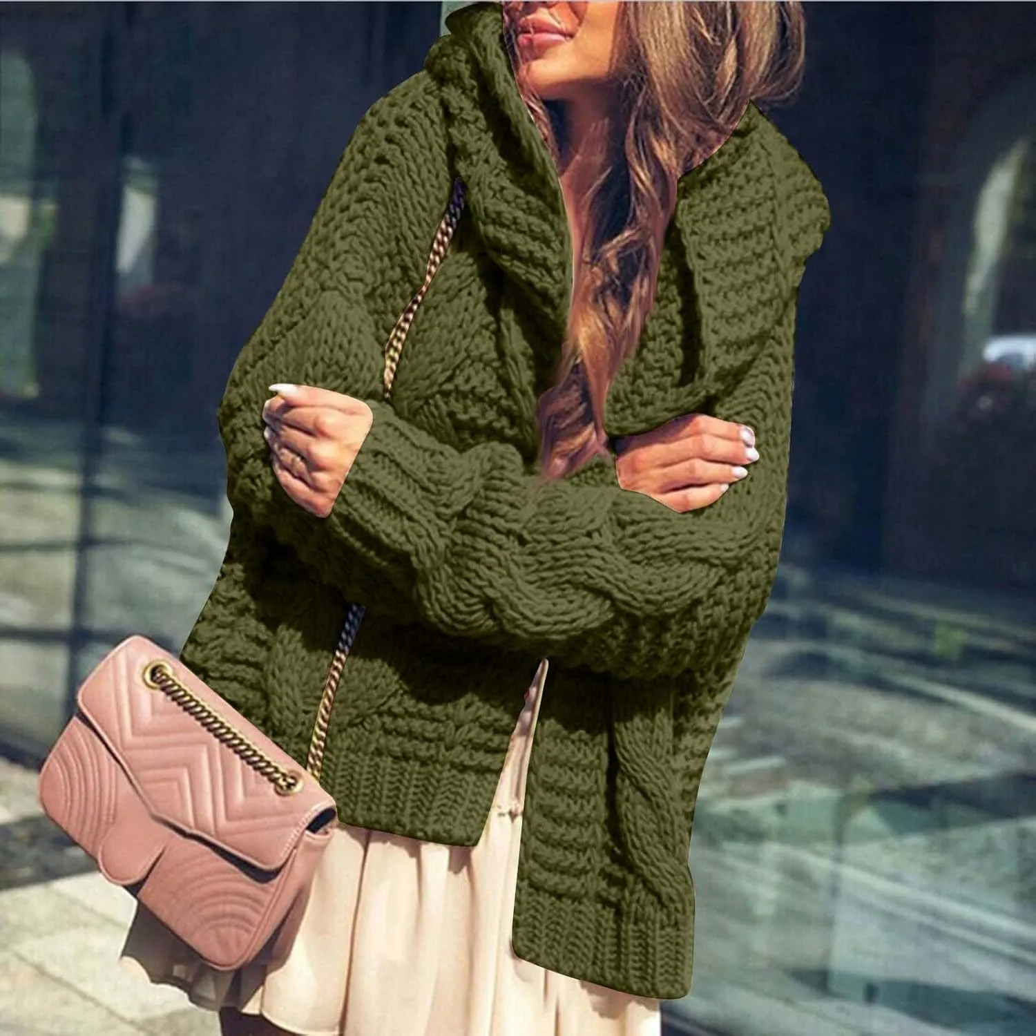 Holiday Hood Long Sleeve Sweater Ladies Cocktail Basic Hooded Regular Fit Windbreaker Women Knit Soft Solid