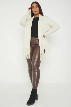 Italian Lagenlook Tassel Fringe Hem Long Sleeve Pockets Open Front Cardigan