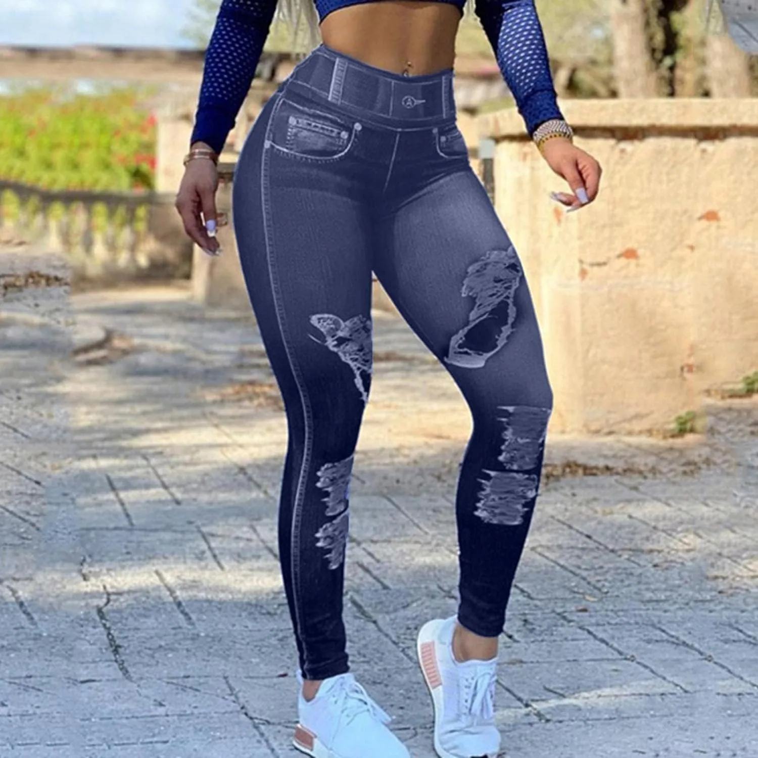 Jeans Look Stretchy Jeggings High Waist Workout Yoga Leggins with Pockets Tummy Control Skinny Jeans