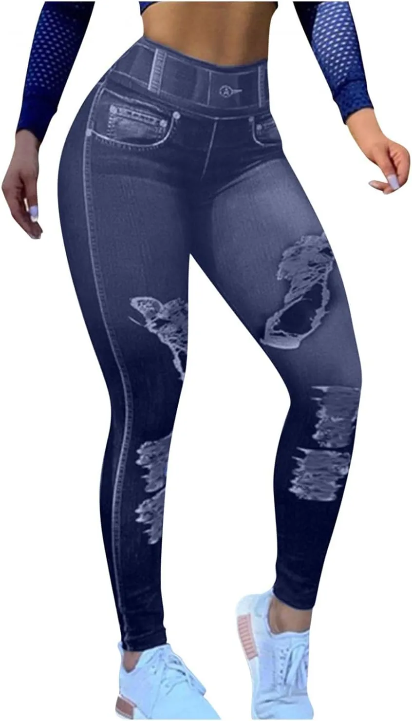 Jeans Look Stretchy Jeggings High Waist Workout Yoga Leggins with Pockets Tummy Control Skinny Jeans