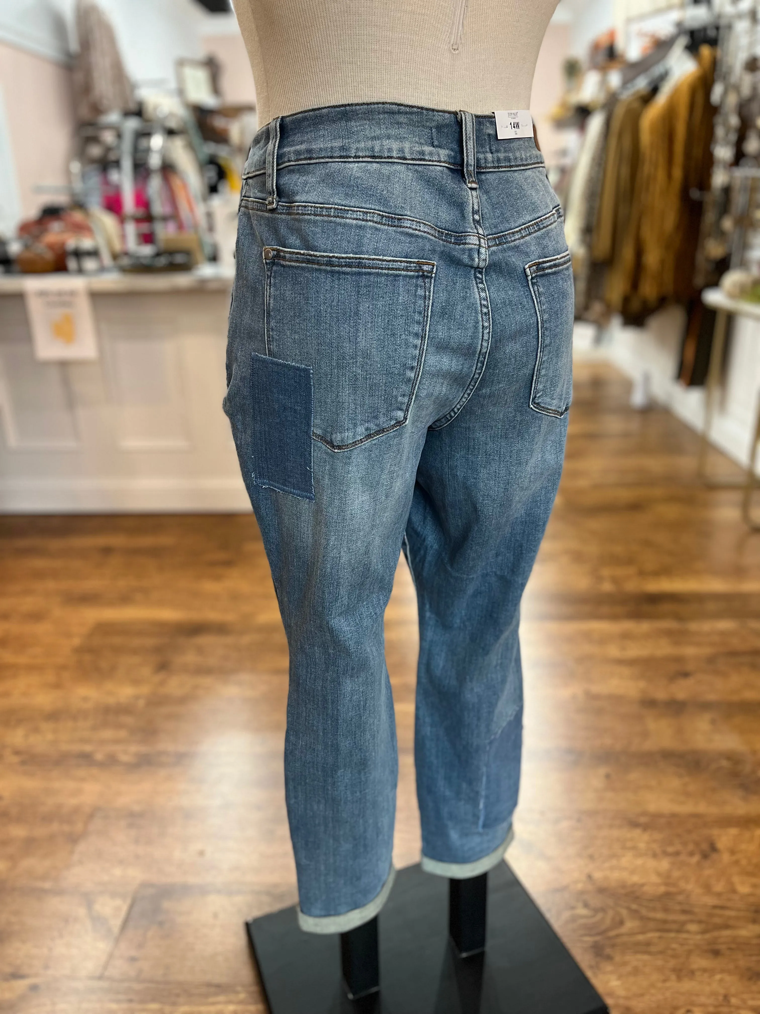 Judy Blue High Waist Double Cuff Patch Boyfriend Jean - AVAH