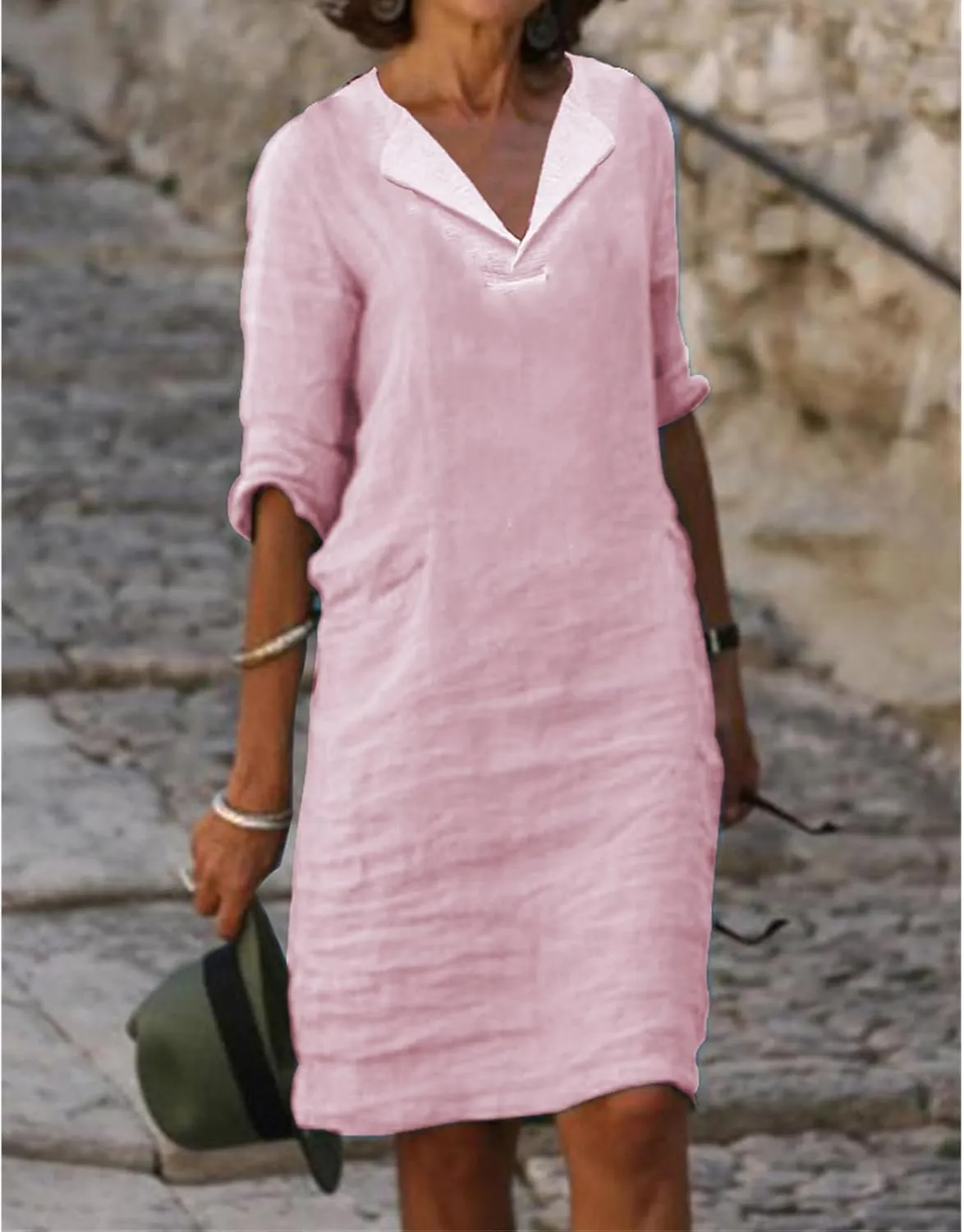 Linen Dresses for Women 2025 Elegant 1/2 Sleeve V-Neck T Shirts Dress Casual Loose Solid Slim Business Vacation Dress