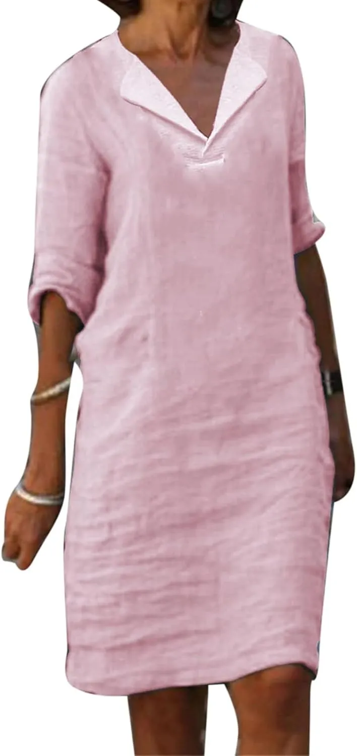 Linen Dresses for Women 2025 Elegant 1/2 Sleeve V-Neck T Shirts Dress Casual Loose Solid Slim Business Vacation Dress