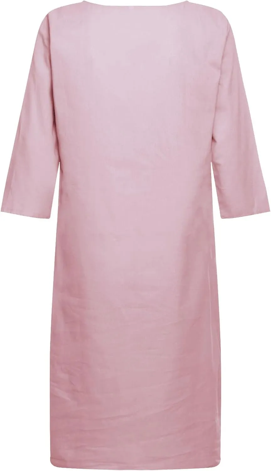 Linen Dresses for Women 2025 Elegant 1/2 Sleeve V-Neck T Shirts Dress Casual Loose Solid Slim Business Vacation Dress