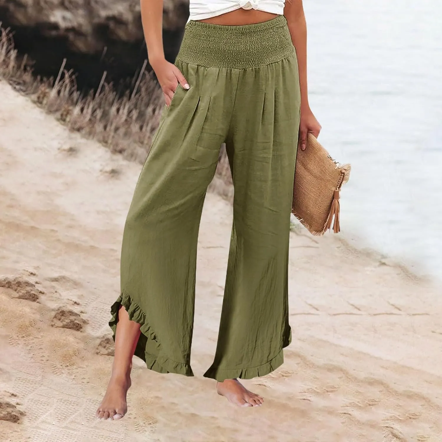 Linen Pants Women Smocked High Waisted Loose Wide Leg Pants Summer Ruffle Hem Palazzo Pant Boho Flowy Pant