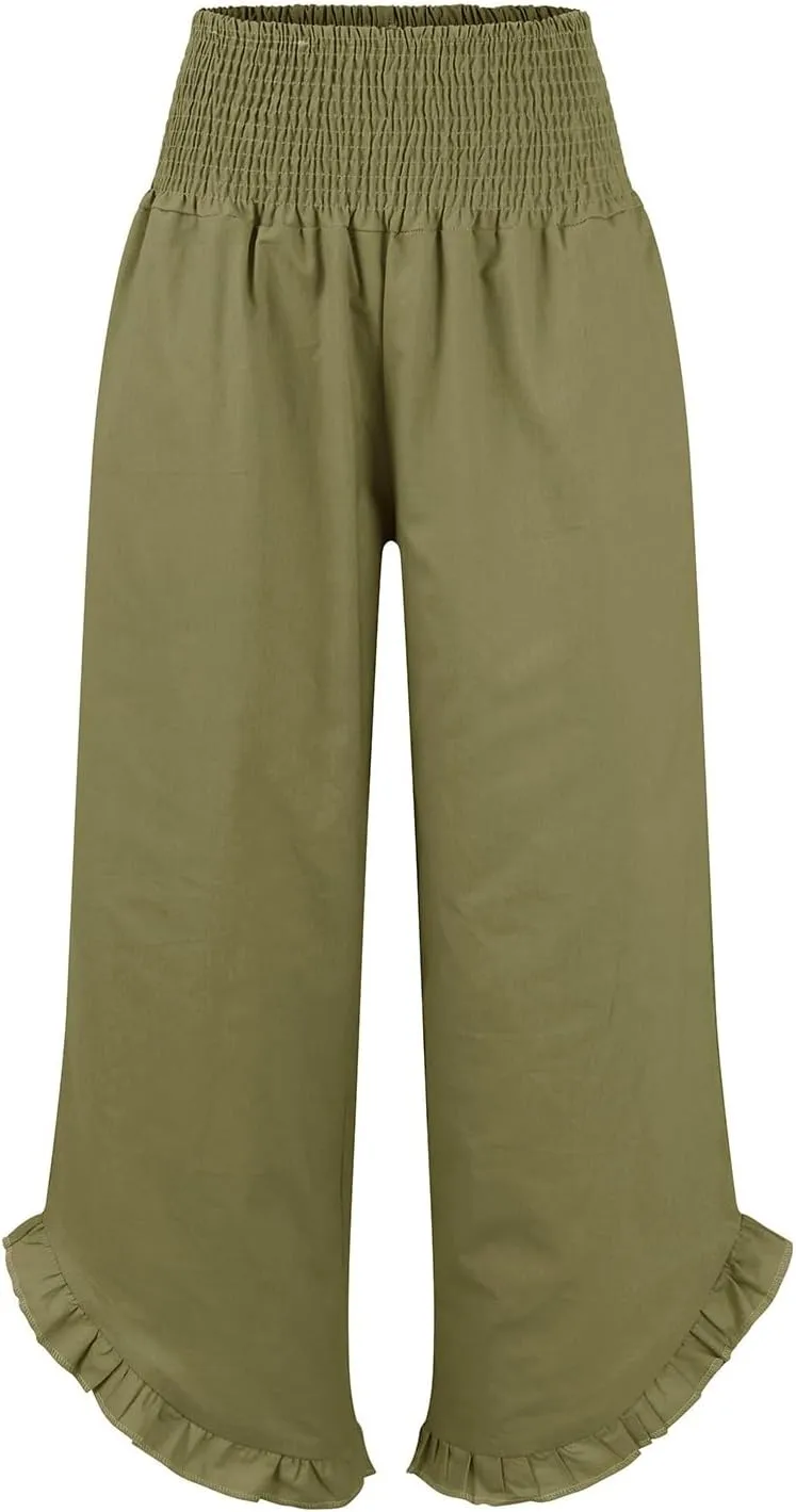 Linen Pants Women Smocked High Waisted Loose Wide Leg Pants Summer Ruffle Hem Palazzo Pant Boho Flowy Pant