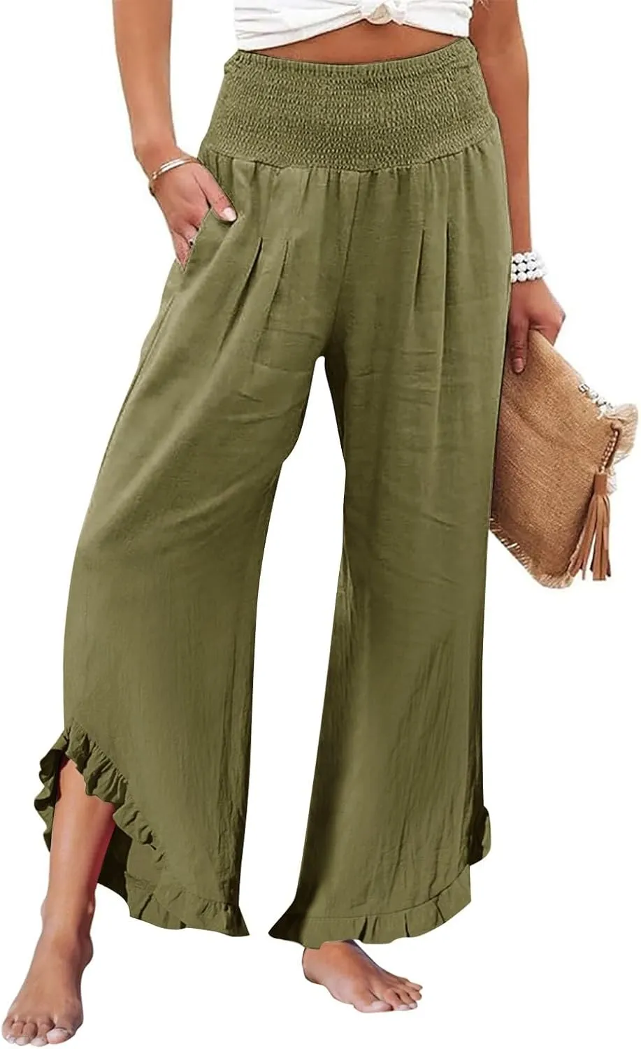 Linen Pants Women Smocked High Waisted Loose Wide Leg Pants Summer Ruffle Hem Palazzo Pant Boho Flowy Pant