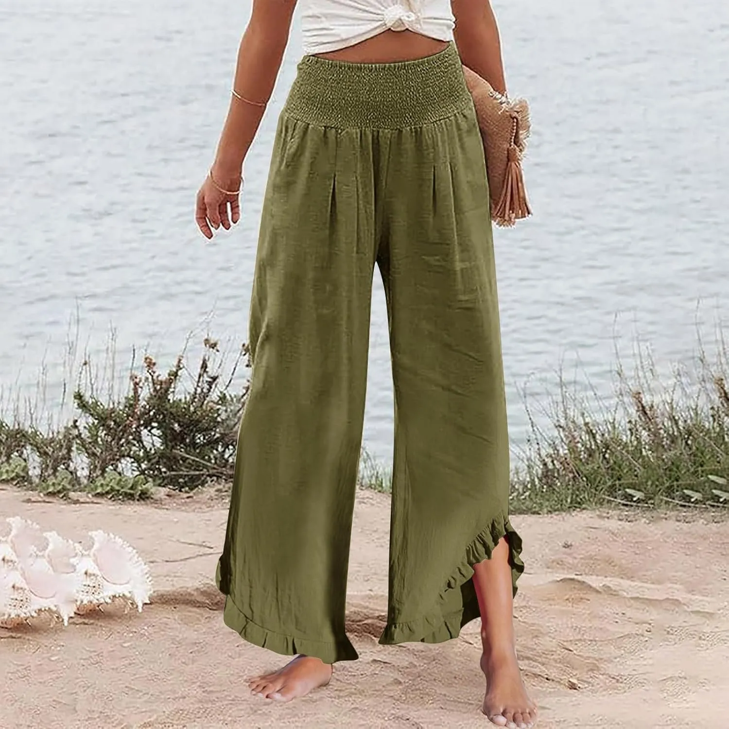 Linen Pants Women Smocked High Waisted Loose Wide Leg Pants Summer Ruffle Hem Palazzo Pant Boho Flowy Pant