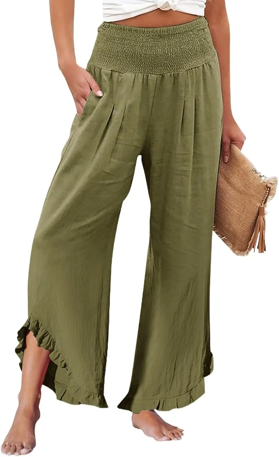 Linen Pants Women Smocked High Waisted Loose Wide Leg Pants Summer Ruffle Hem Palazzo Pant Boho Flowy Pant