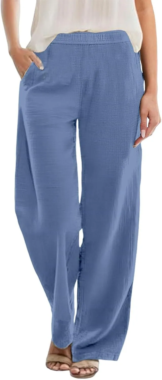 Linen Pants Women Straight Wide Leg Trousers Loose Flowy Casual Pants Lightweight Breathable Trousers