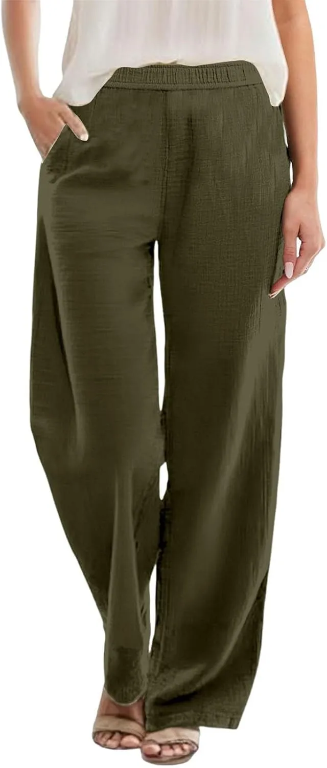Linen Pants Women Straight Wide Leg Trousers Loose Flowy Casual Pants Lightweight Breathable Trousers