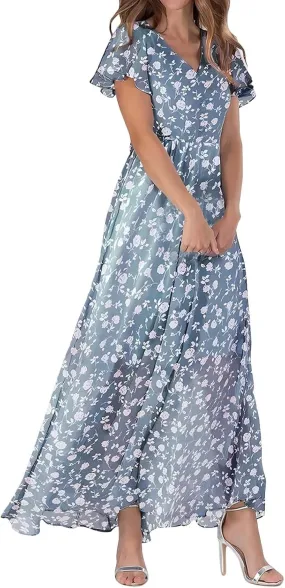 Long Spring Dresses for Women 2025, Floral Chiffon Dress, Casual V Neck Maxi Dress, Short Sleeve Ruffle Party Dress