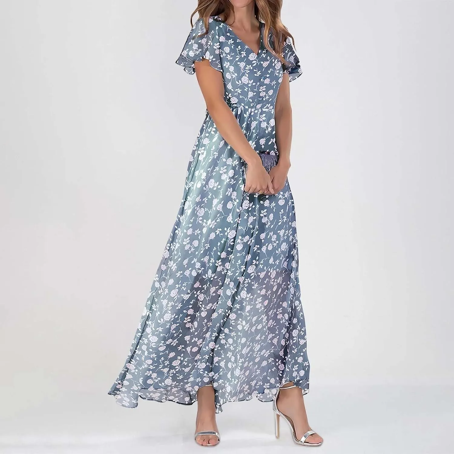 Long Spring Dresses for Women 2025, Floral Chiffon Dress, Casual V Neck Maxi Dress, Short Sleeve Ruffle Party Dress