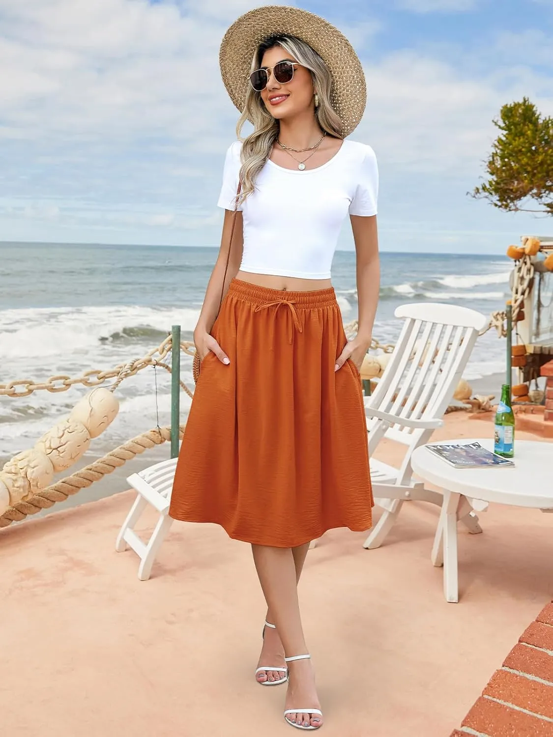 Lyrur Women's 2025 Trendy Summer Basic Midi Skirts with Pockets