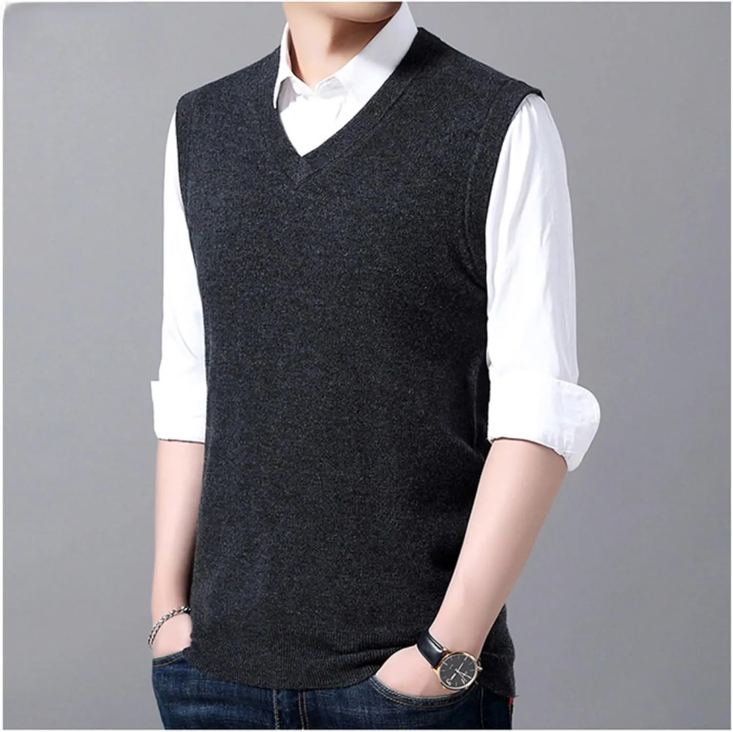 Maiyifu-GJ Men's V-Neck Solid Color Stretchy Sweater Warm Pullover Casual Vests Slim Sleeveless Business Knitwear