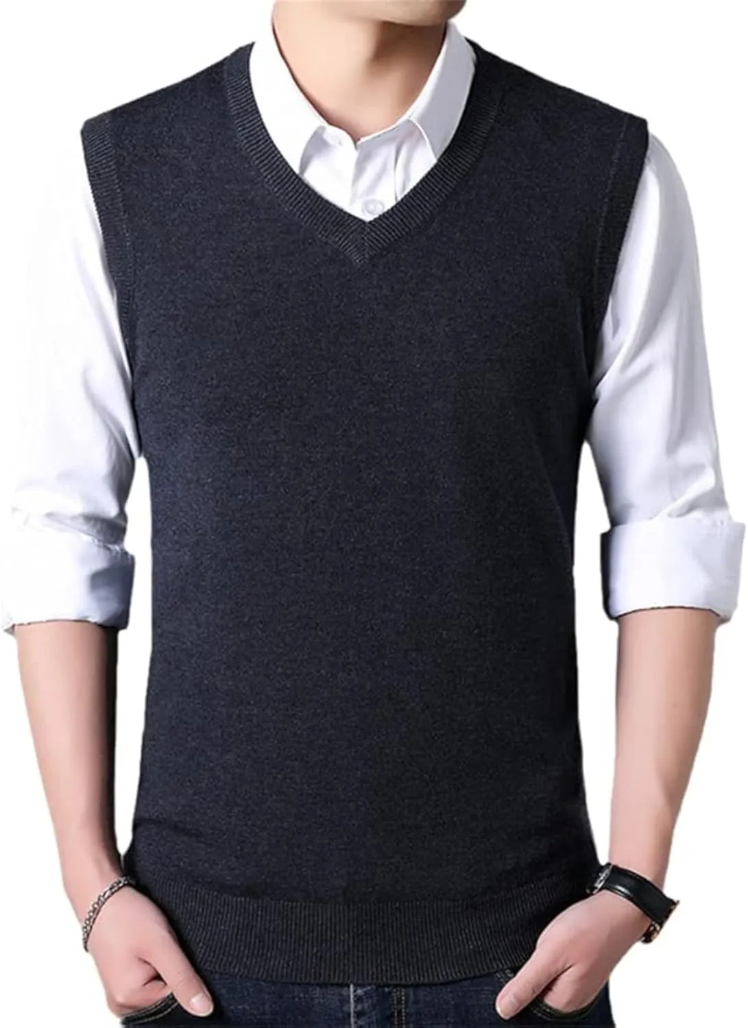 Maiyifu-GJ Men's V-Neck Solid Color Stretchy Sweater Warm Pullover Casual Vests Slim Sleeveless Business Knitwear