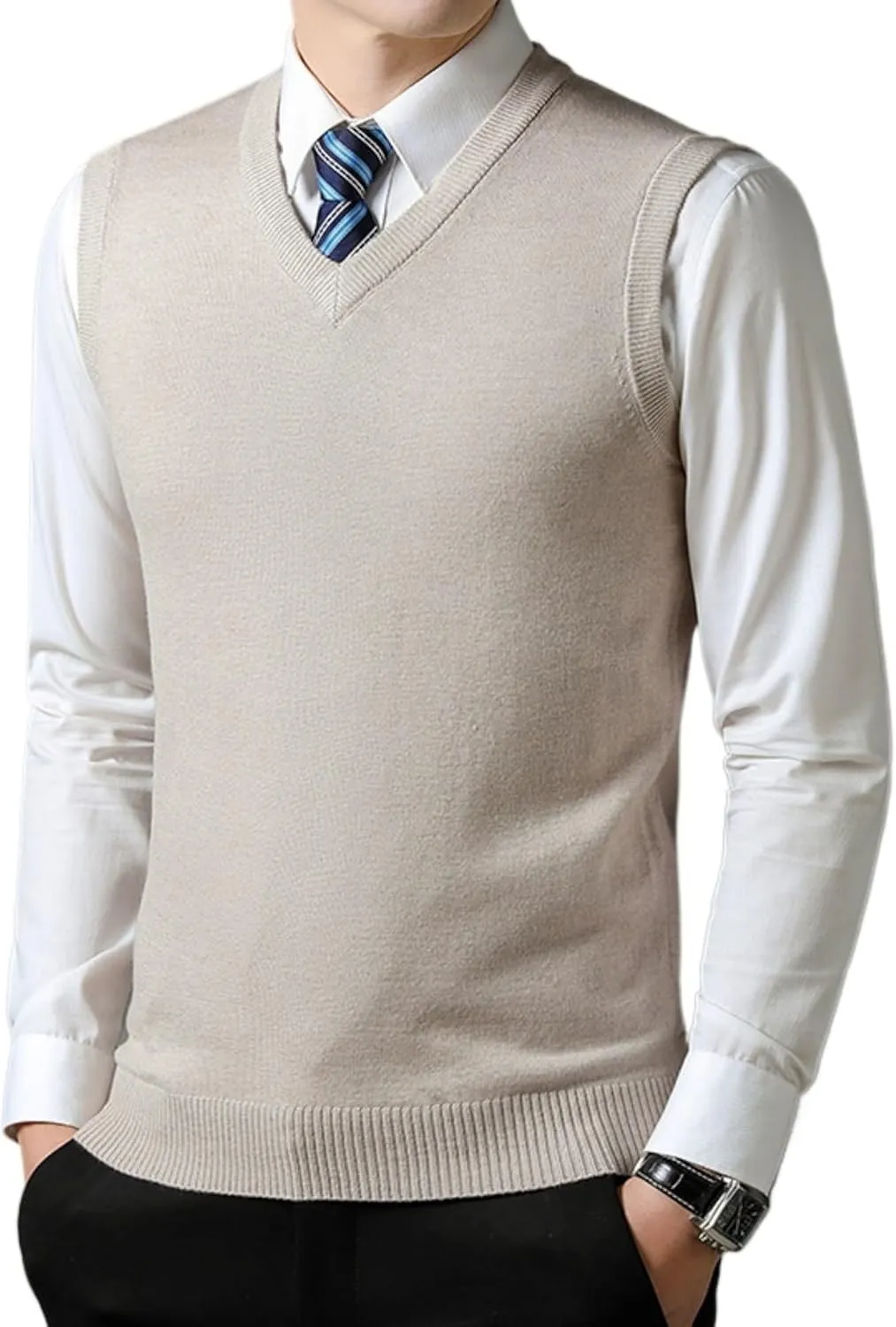 Maiyifu-GJ Men's V-Neck Solid Color Stretchy Sweater Warm Pullover Casual Vests Slim Sleeveless Business Knitwear