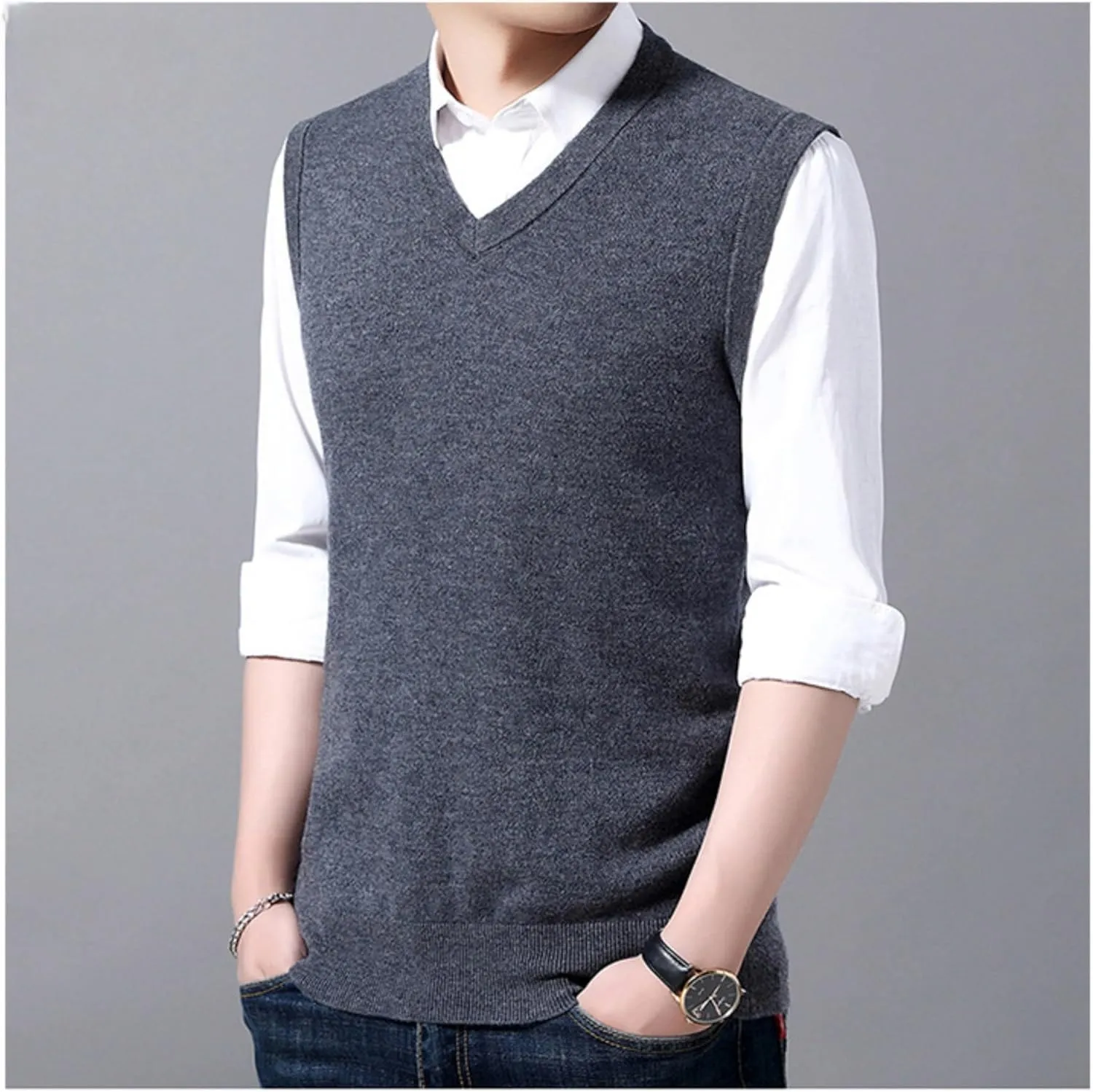 Maiyifu-GJ Men's V-Neck Solid Color Stretchy Sweater Warm Pullover Casual Vests Slim Sleeveless Business Knitwear