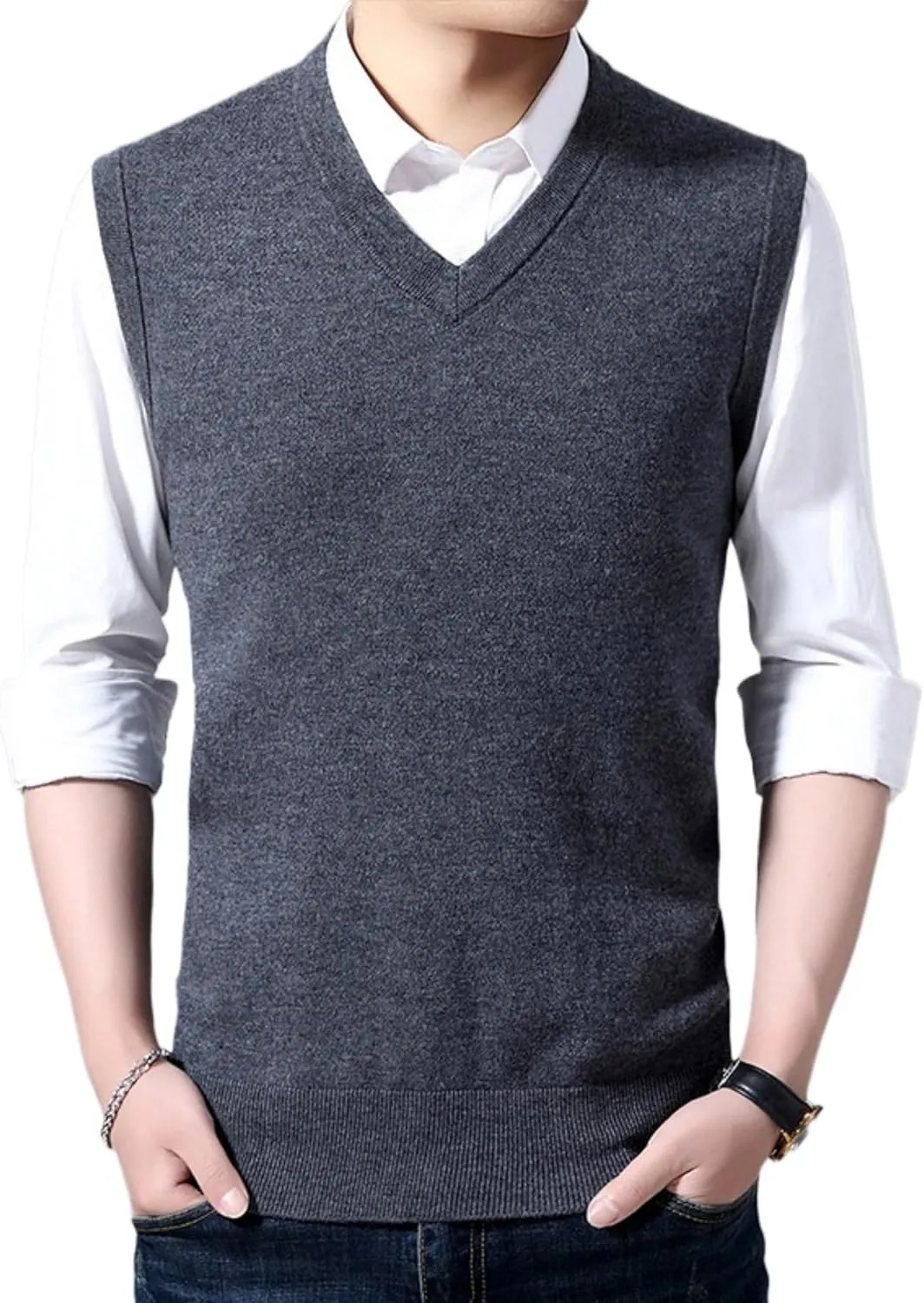Maiyifu-GJ Men's V-Neck Solid Color Stretchy Sweater Warm Pullover Casual Vests Slim Sleeveless Business Knitwear