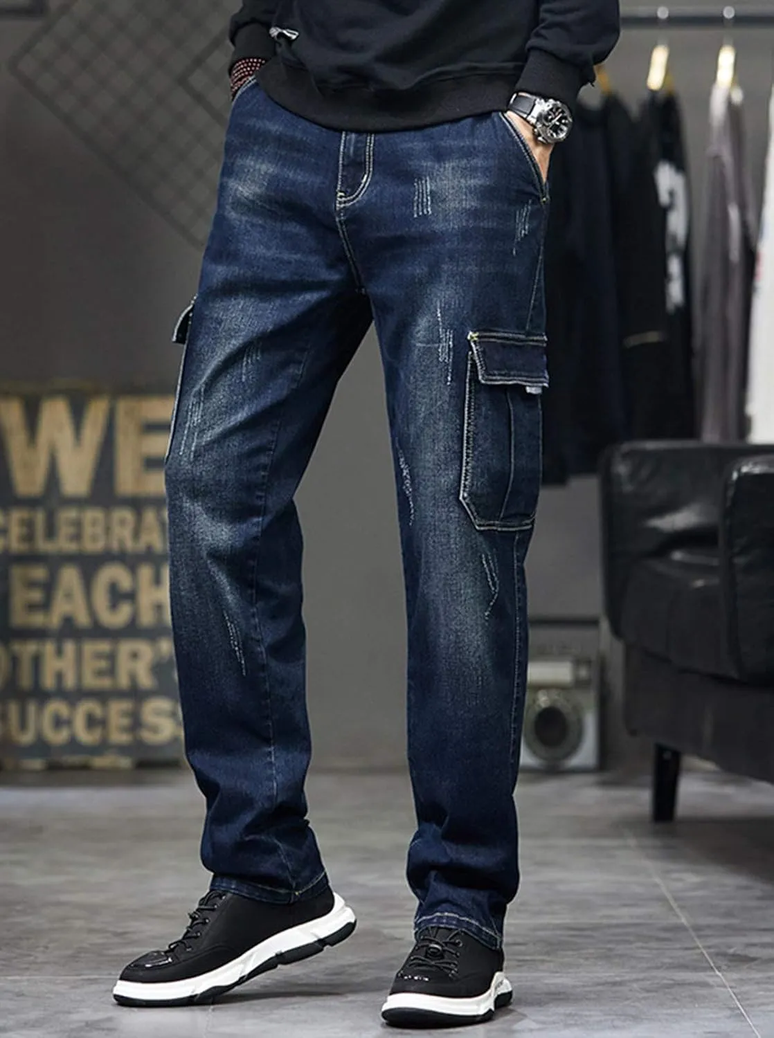 Men`s Cargo Jeans Workwear Stretchy Loose Zipper Pocket Denim Pants