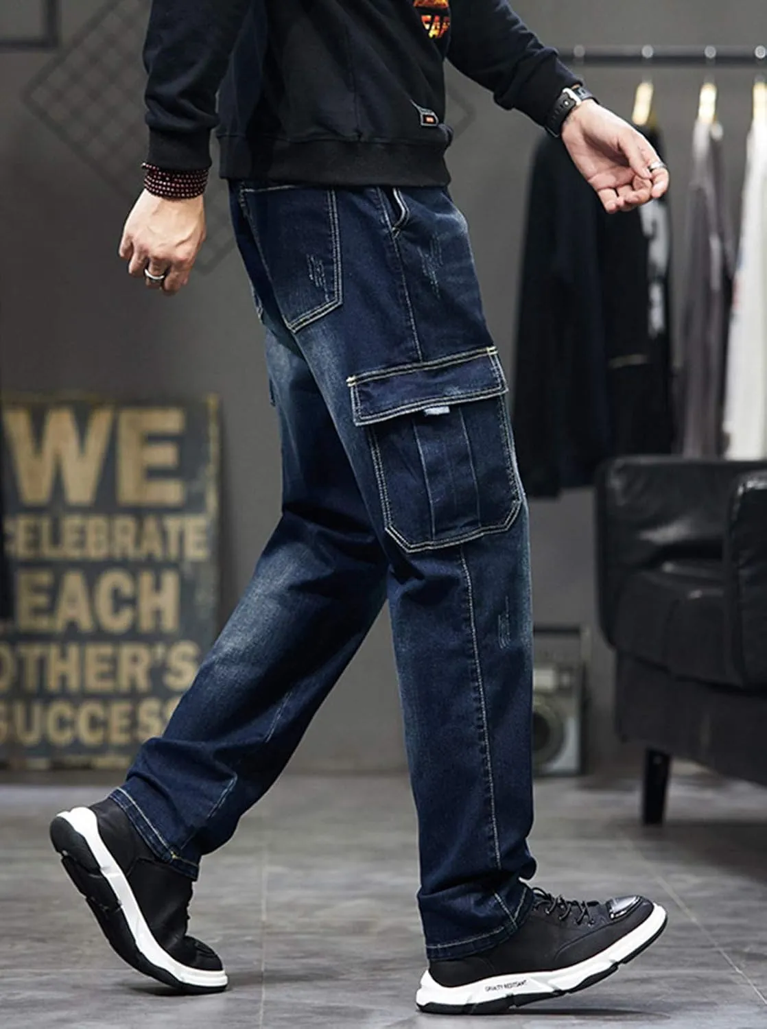 Men`s Cargo Jeans Workwear Stretchy Loose Zipper Pocket Denim Pants
