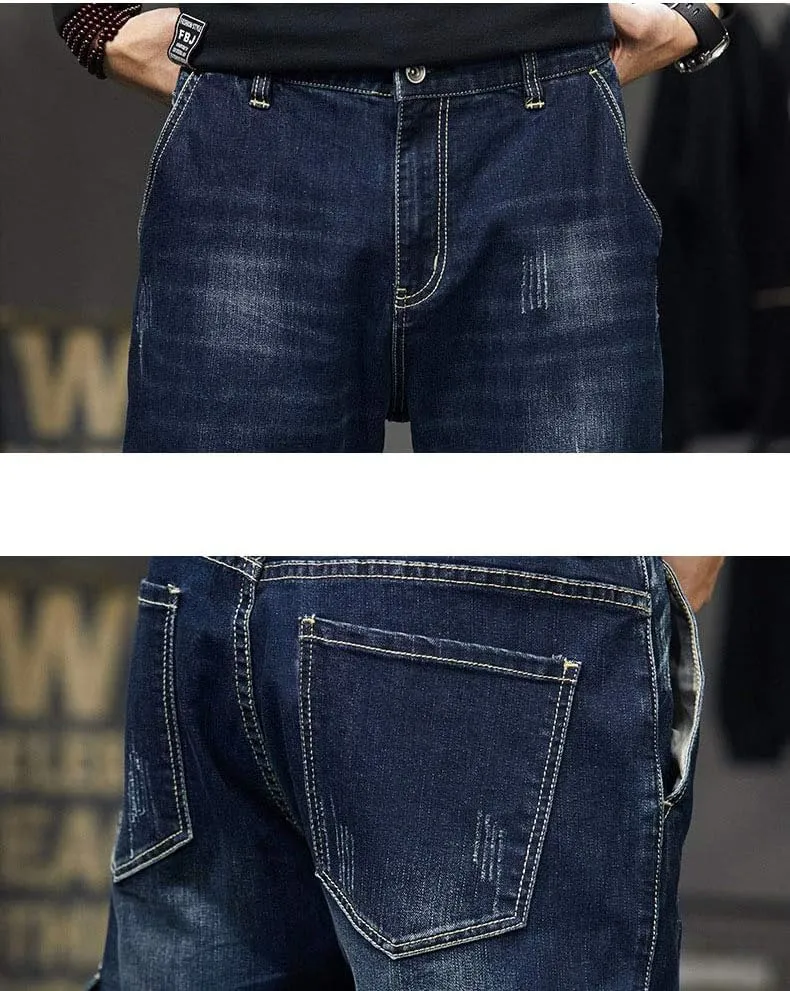 Men`s Cargo Jeans Workwear Stretchy Loose Zipper Pocket Denim Pants