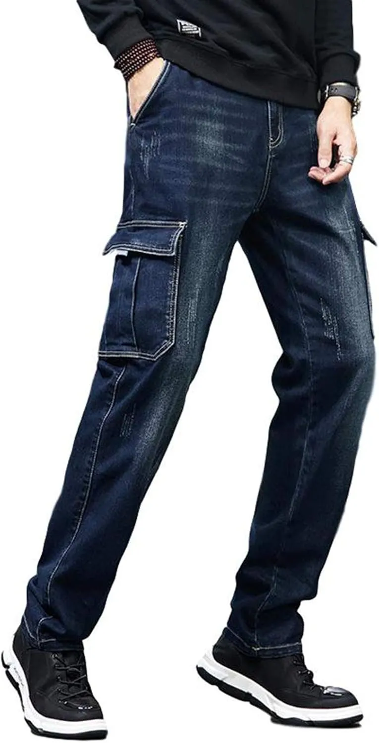 Men`s Cargo Jeans Workwear Stretchy Loose Zipper Pocket Denim Pants