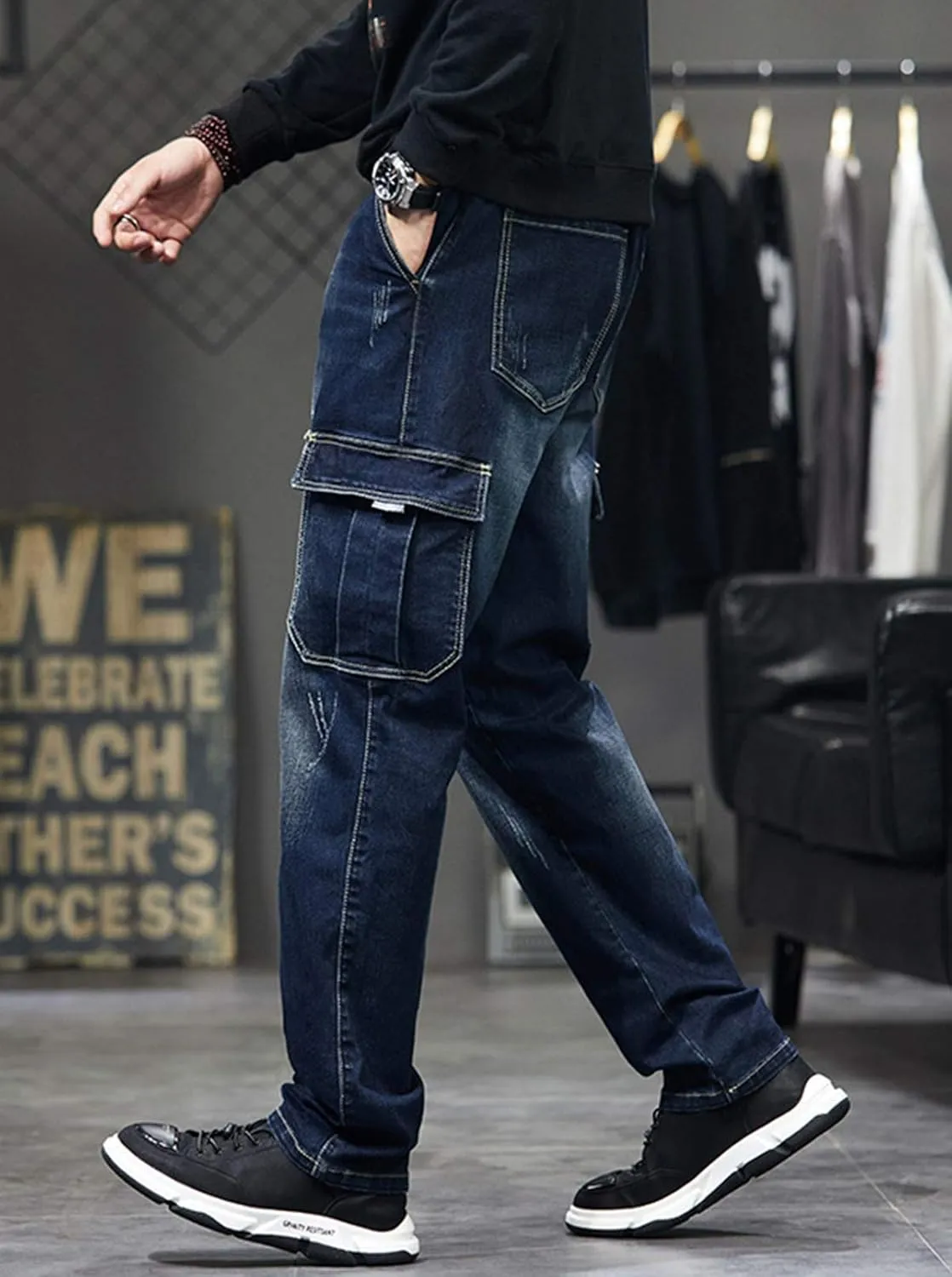 Men`s Cargo Jeans Workwear Stretchy Loose Zipper Pocket Denim Pants