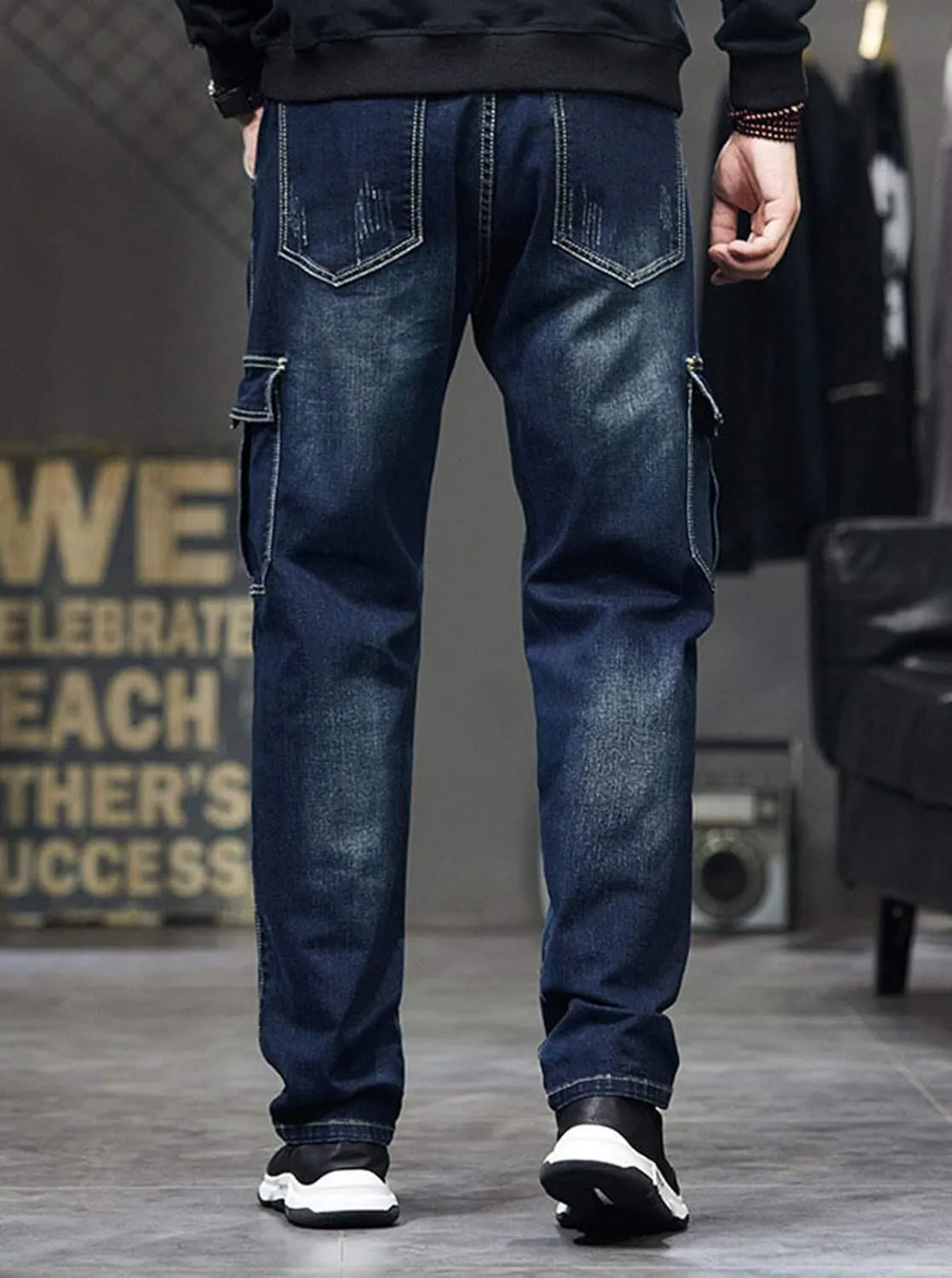 Men`s Cargo Jeans Workwear Stretchy Loose Zipper Pocket Denim Pants