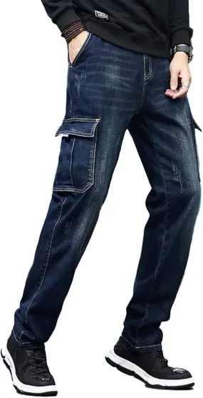 Men`s Cargo Jeans Workwear Stretchy Loose Zipper Pocket Denim Pants