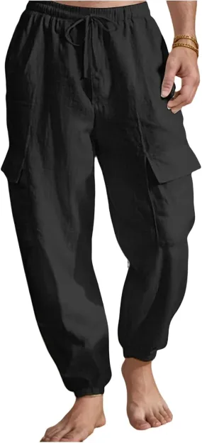 Mens Casual Cargo Pants Summer Elastic Waist Drawstring Pants Relaxed Fit Breathable Yoga Beach Trousers with Pockets