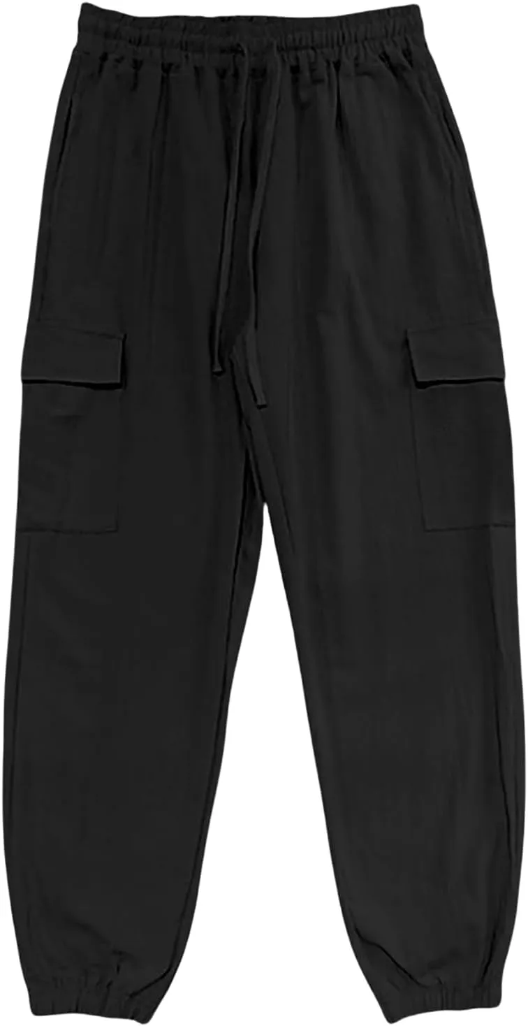 Mens Casual Cargo Pants Summer Elastic Waist Drawstring Pants Relaxed Fit Breathable Yoga Beach Trousers with Pockets
