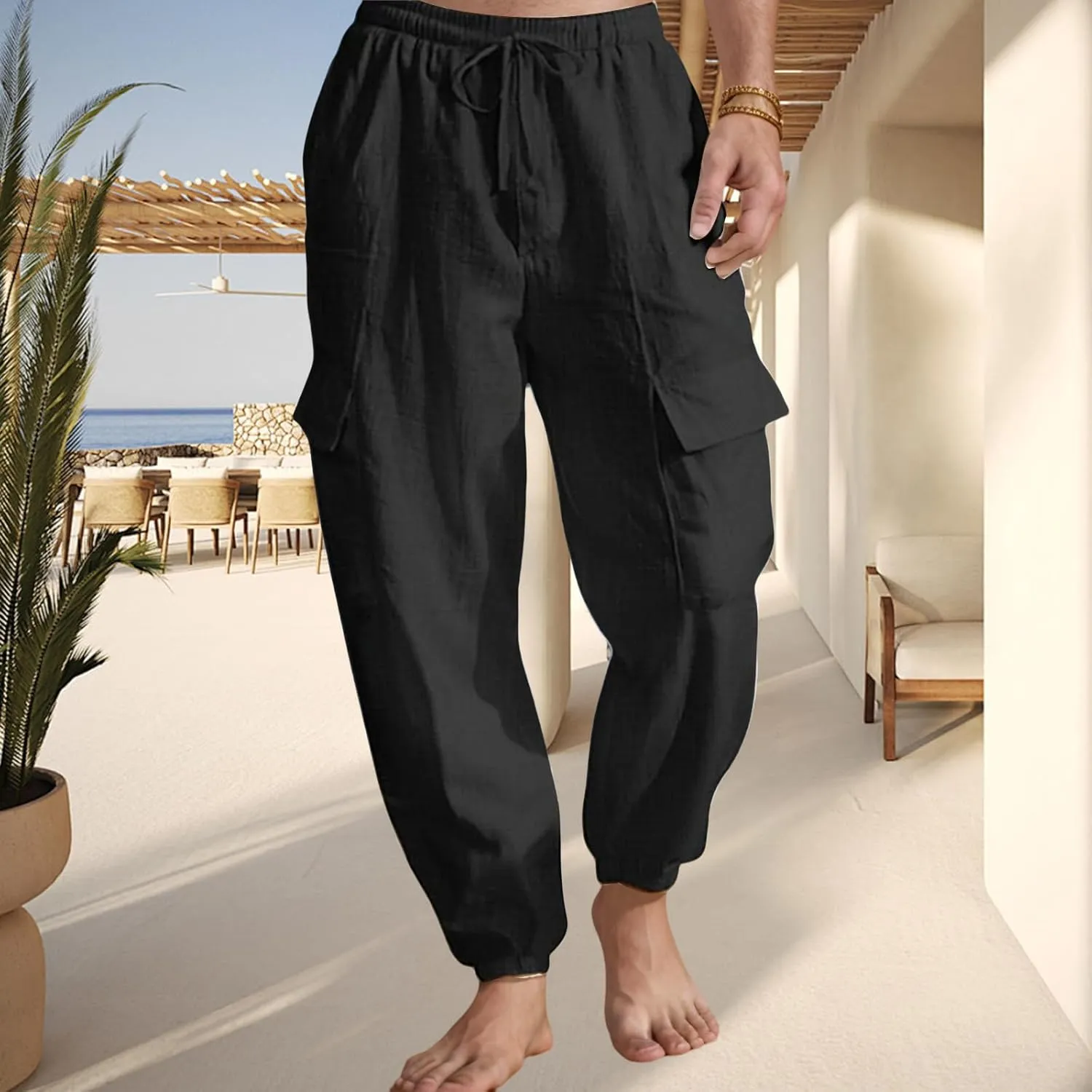 Mens Casual Cargo Pants Summer Elastic Waist Drawstring Pants Relaxed Fit Breathable Yoga Beach Trousers with Pockets