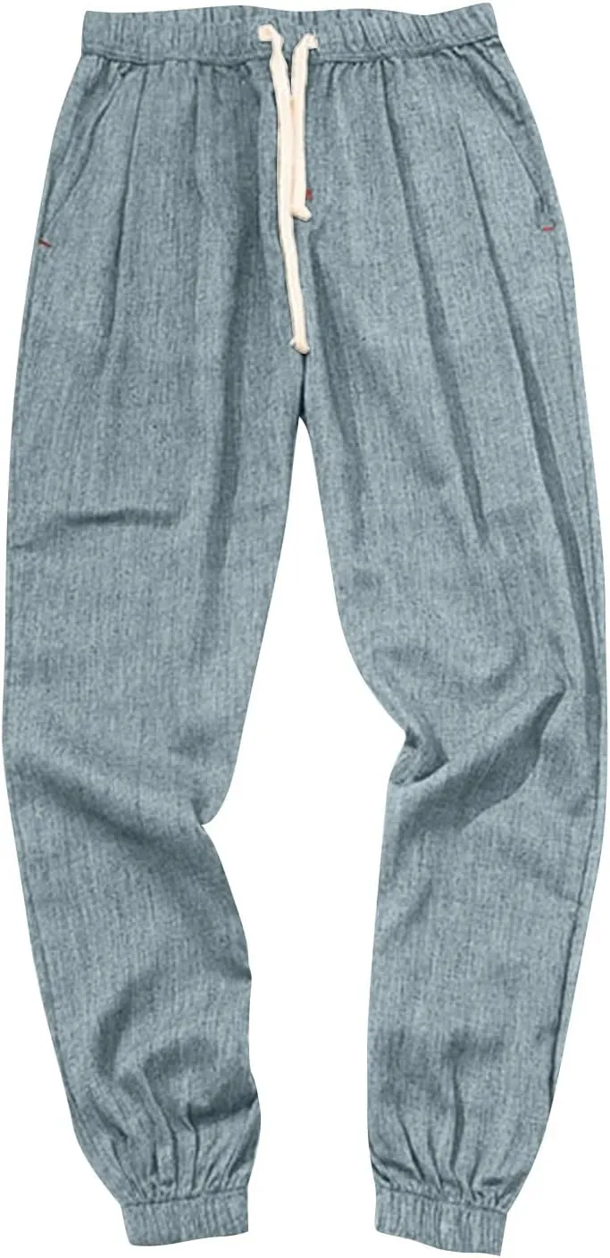 Men's Casual Loose and Comfortable Casual Pants Cotton Linen Buttons Trousers