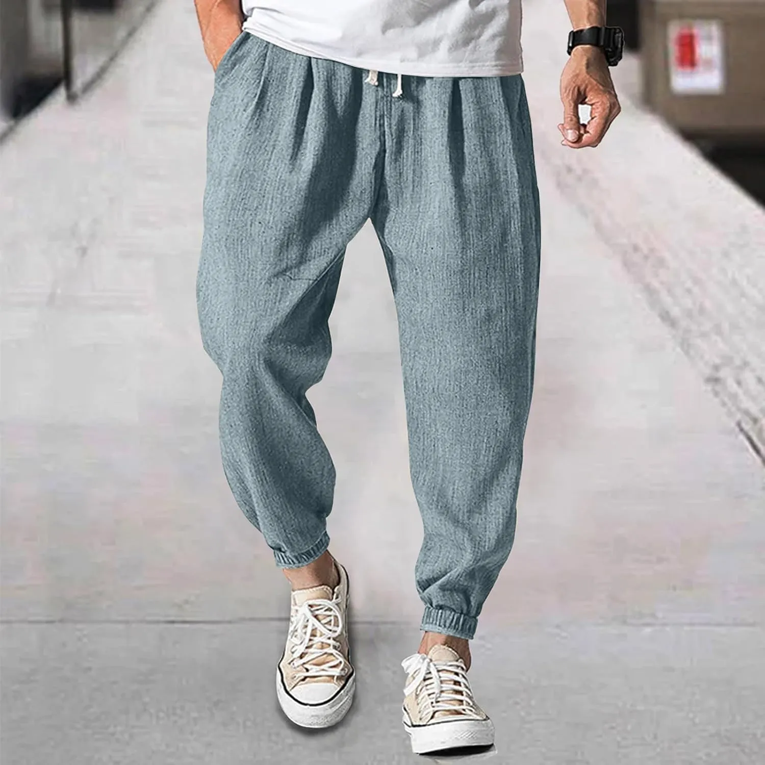 Men's Casual Loose and Comfortable Casual Pants Cotton Linen Buttons Trousers