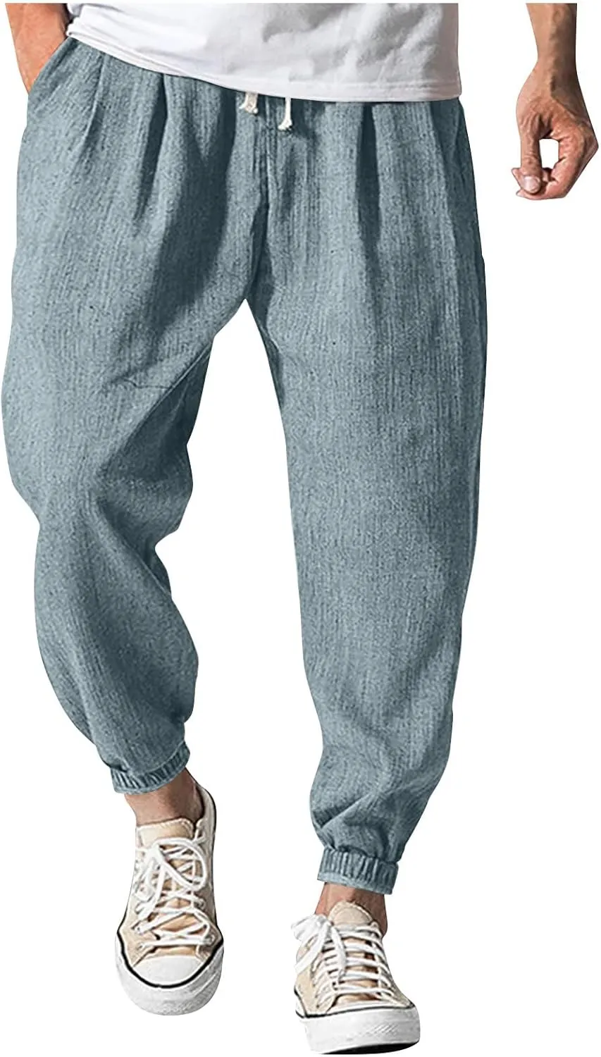Men's Casual Loose and Comfortable Casual Pants Cotton Linen Buttons Trousers