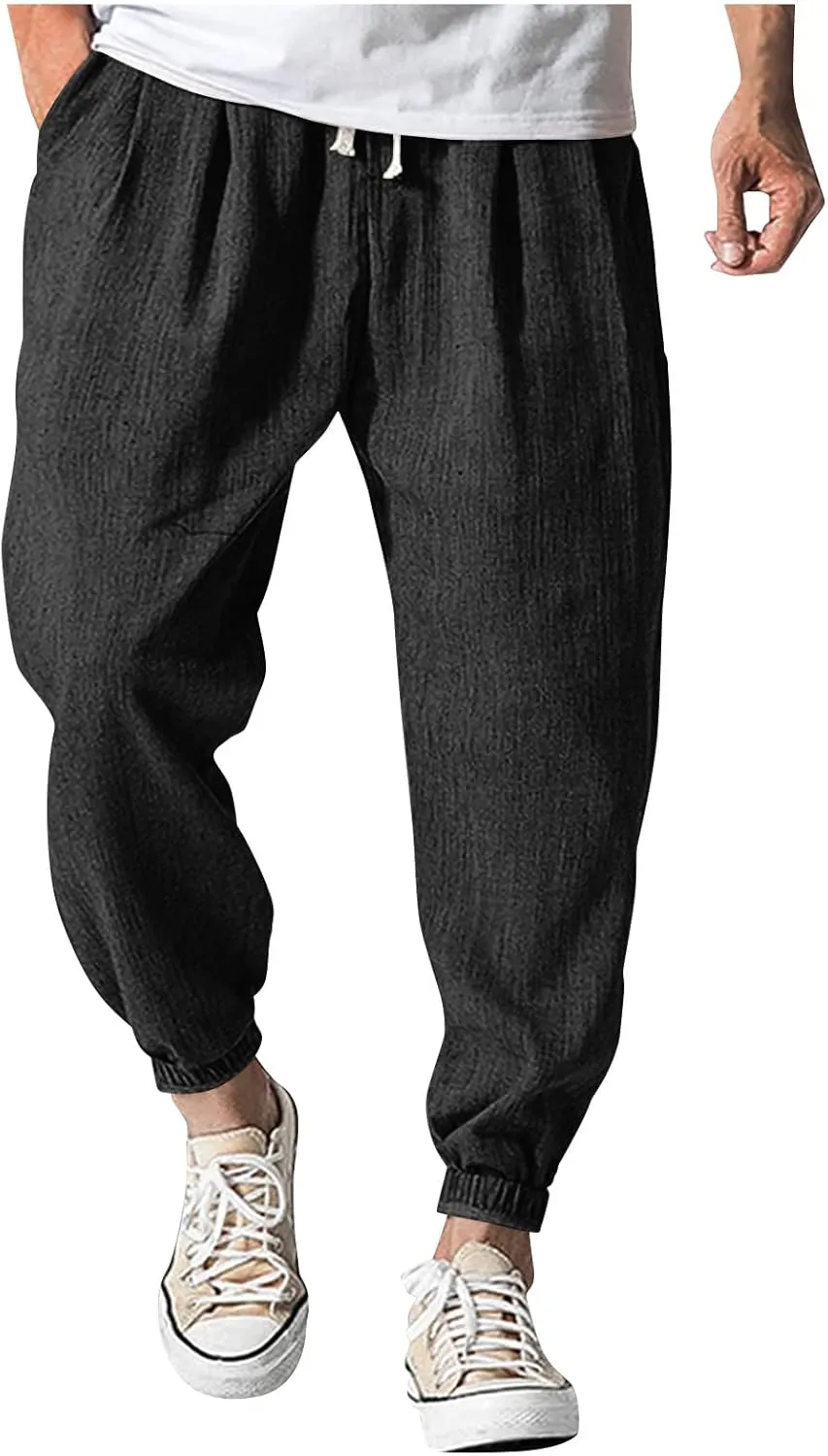 Men's Casual Loose and Comfortable Casual Pants Cotton Linen Buttons Trousers